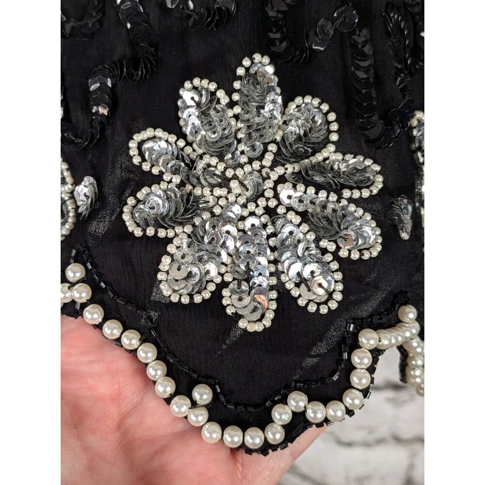 VINTAGE MEGERE Art Deco Sequined Beaded Silk Blouse Glam Whimsygoth *XL - Picture 4 of 8